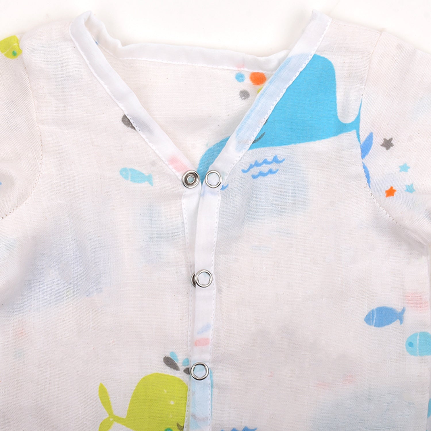 Moms Home Baby Unisex Organic Cotton Muslin Full Sleeves Jhabla & Payjama- Blue Whale - Set of 1