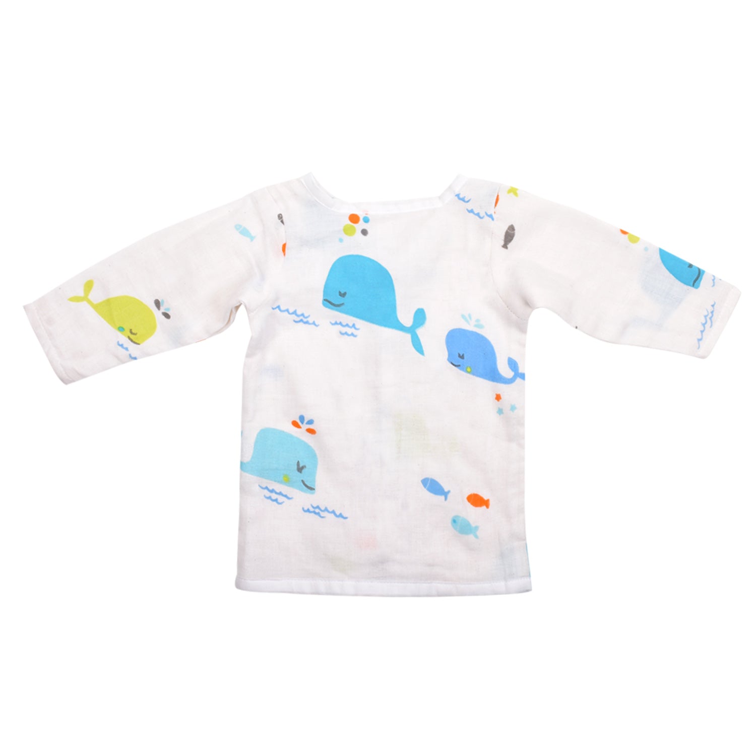 Moms Home Baby Unisex Organic Cotton Muslin Full Sleeves Jhabla & Payjama- Blue Whale - Set of 1