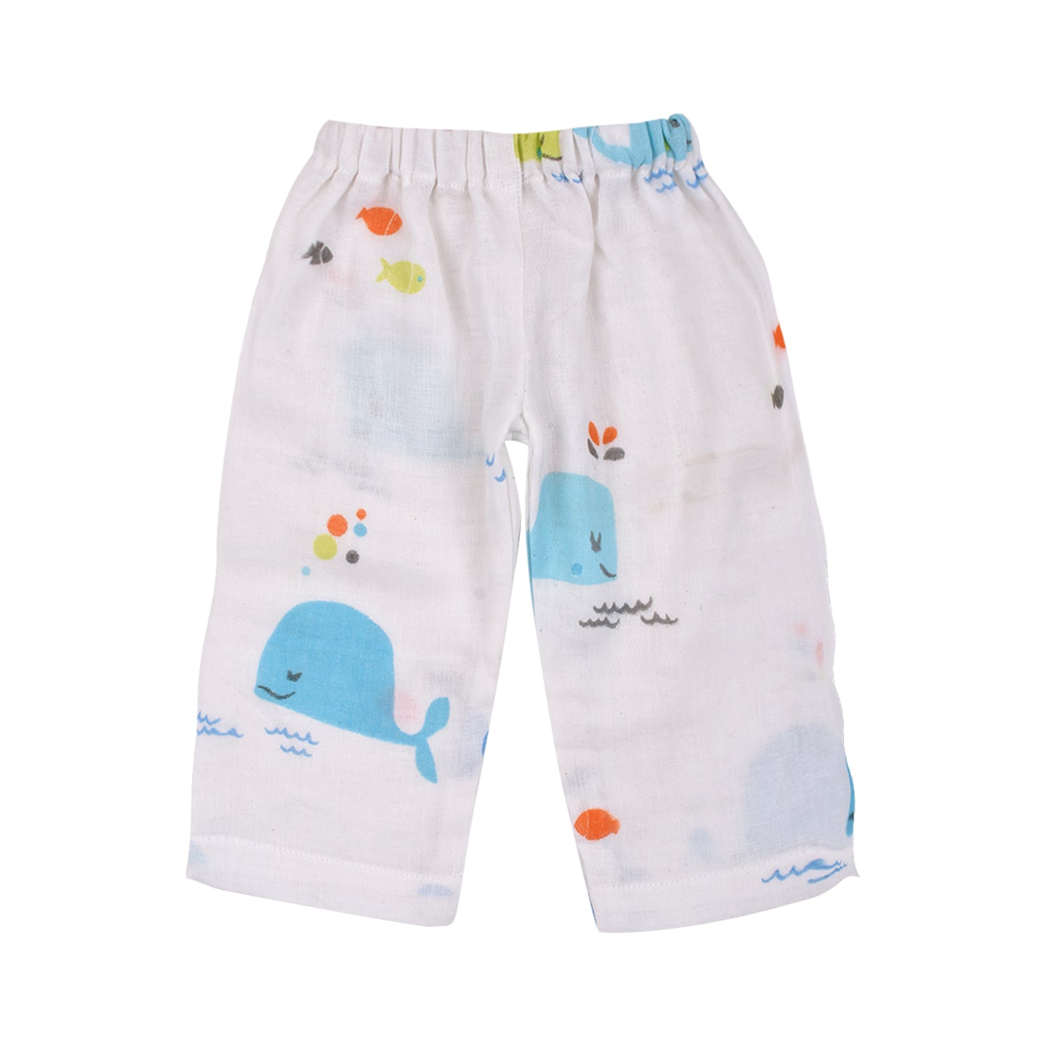 Moms Home Baby Unisex Organic Cotton Muslin Full Sleeves Jhabla & Payjama- Blue Whale - Set of 1