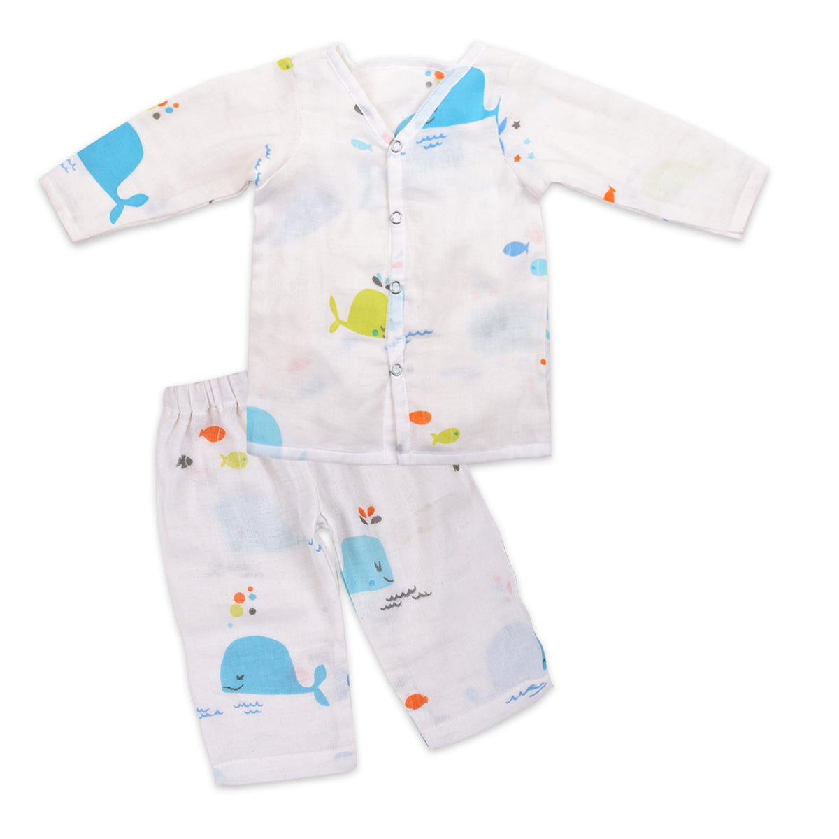 Moms Home Baby Unisex Organic Cotton Muslin Full Sleeves Jhabla & Payjama- Blue Whale - Set of 1