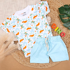 Kids Organic Cotton Co-Ord Set | T-Shirt & Shorts- Blue | Dino