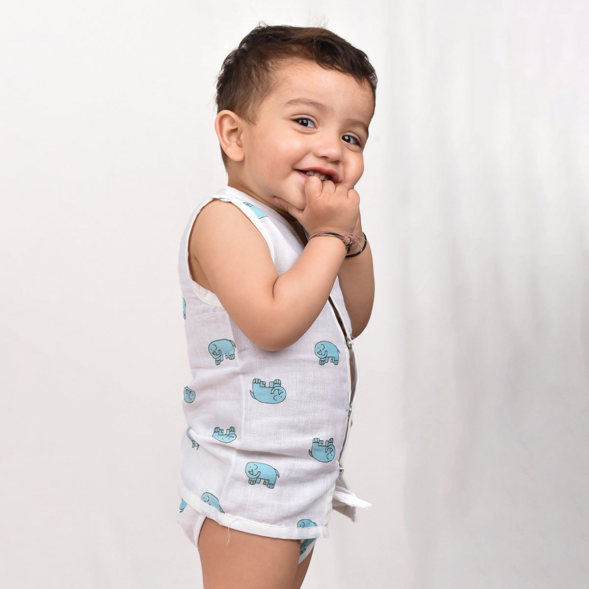 Moms Home Baby Unisex Organic Cotton Muslin Jhabla & Nappy - Cute Elephant - Set of  1