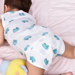 Moms Home Baby Unisex Organic Cotton Muslin Jhabla & Nappy - Cute Elephant - Set of  1
