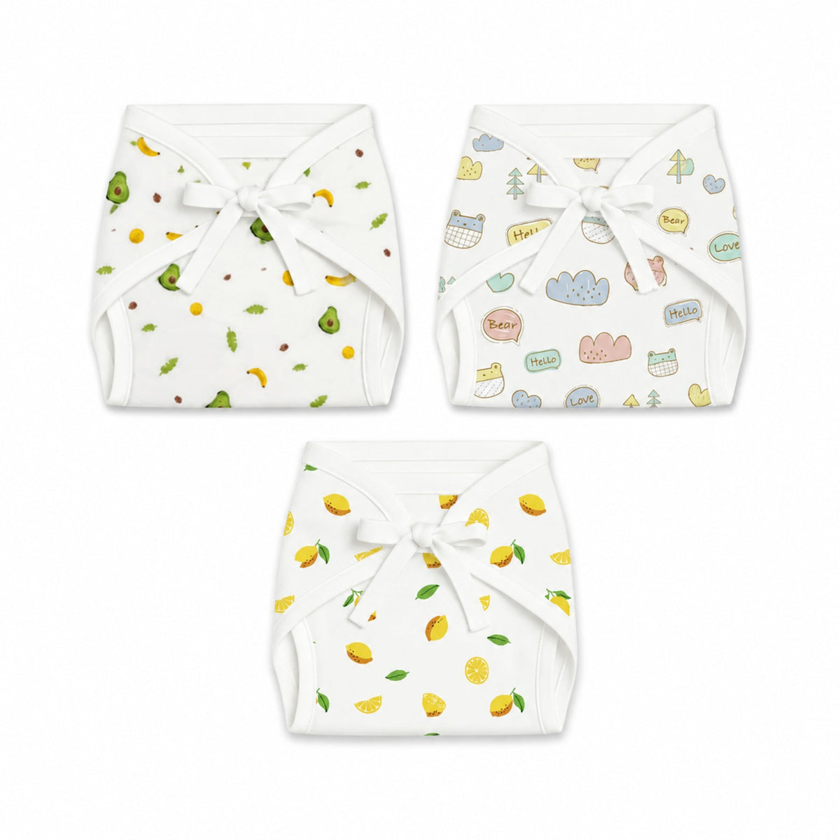 Printed Cushioned Nappies Combo | Organic Cotton Nappies For New Born Baby | 0-6 Months | Joyworld, Lemon, Avocado | Pack of 3