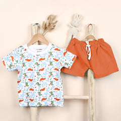 Kids Organic Cotton Co-Ord Set | T-Shirt & Shorts- Orange | Dino