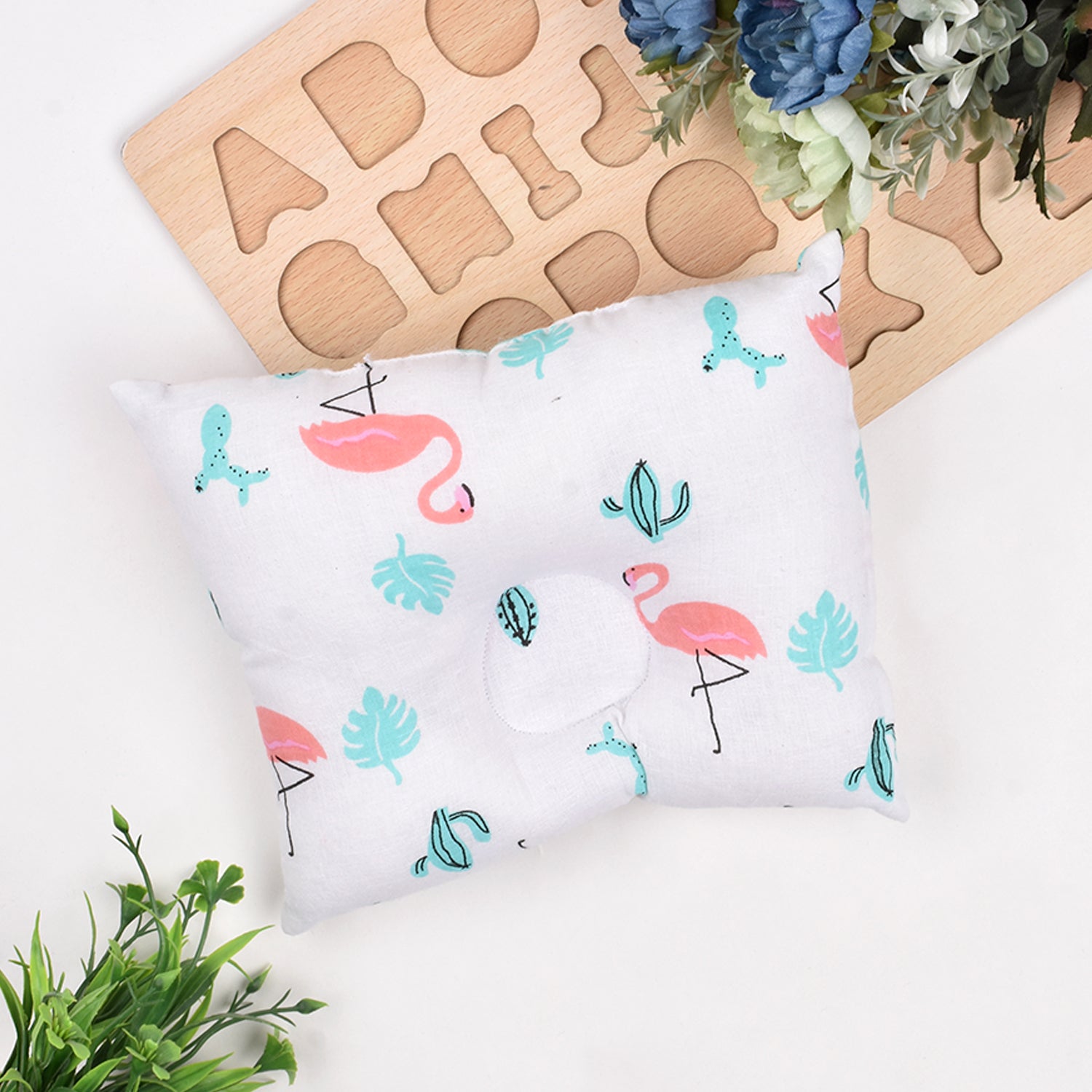 Moms Home Organic Cotton New Born Baby Double Sided Pillow-Flamingo | 0-6 Month |