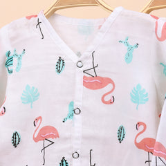 Baby Unisex Organic Cotton Muslin Full Sleeves Jhabla & Payjama | Blue Whale, Flamingo | Set of 2