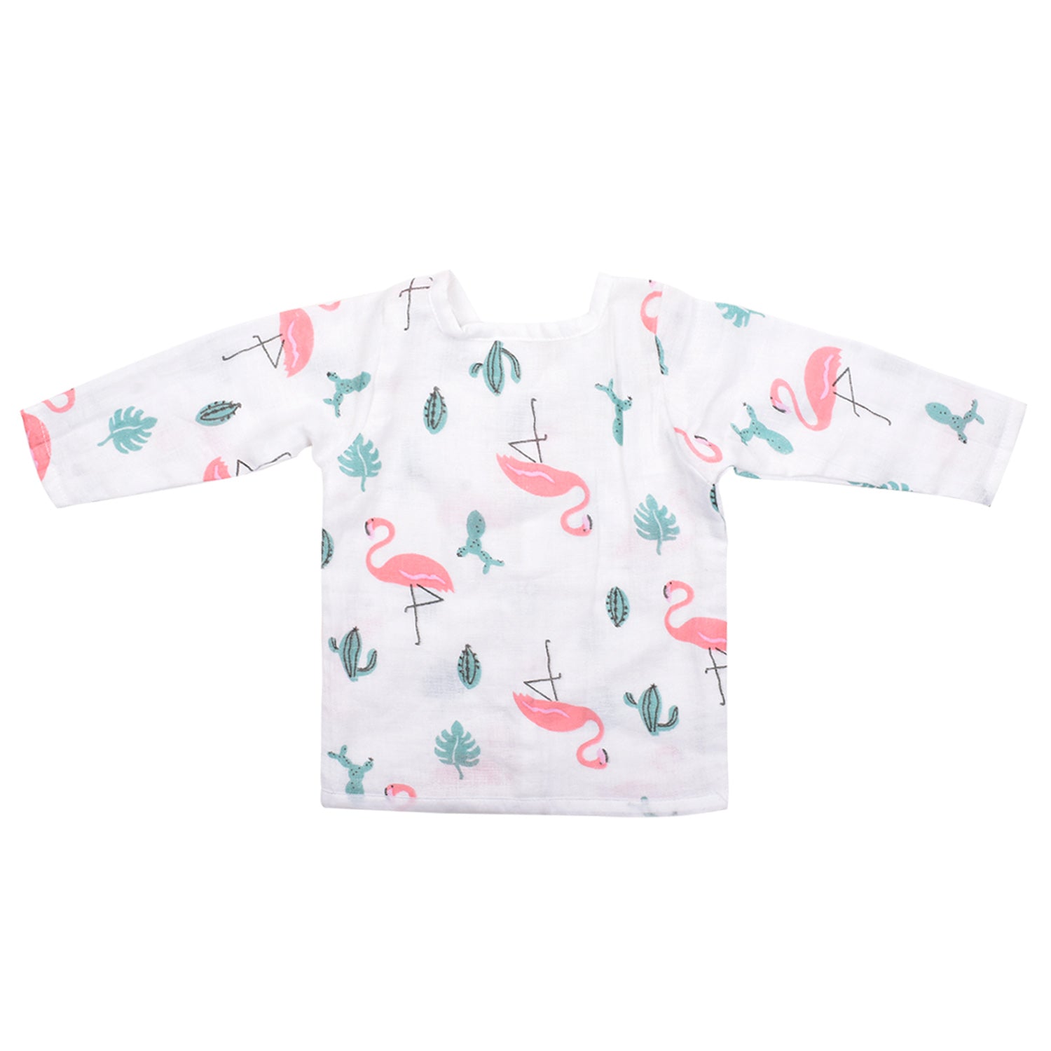 Moms Home Baby Unisex Organic Cotton Muslin Full Sleeves Jhabla & Payjama- Flamingo - Set of 1