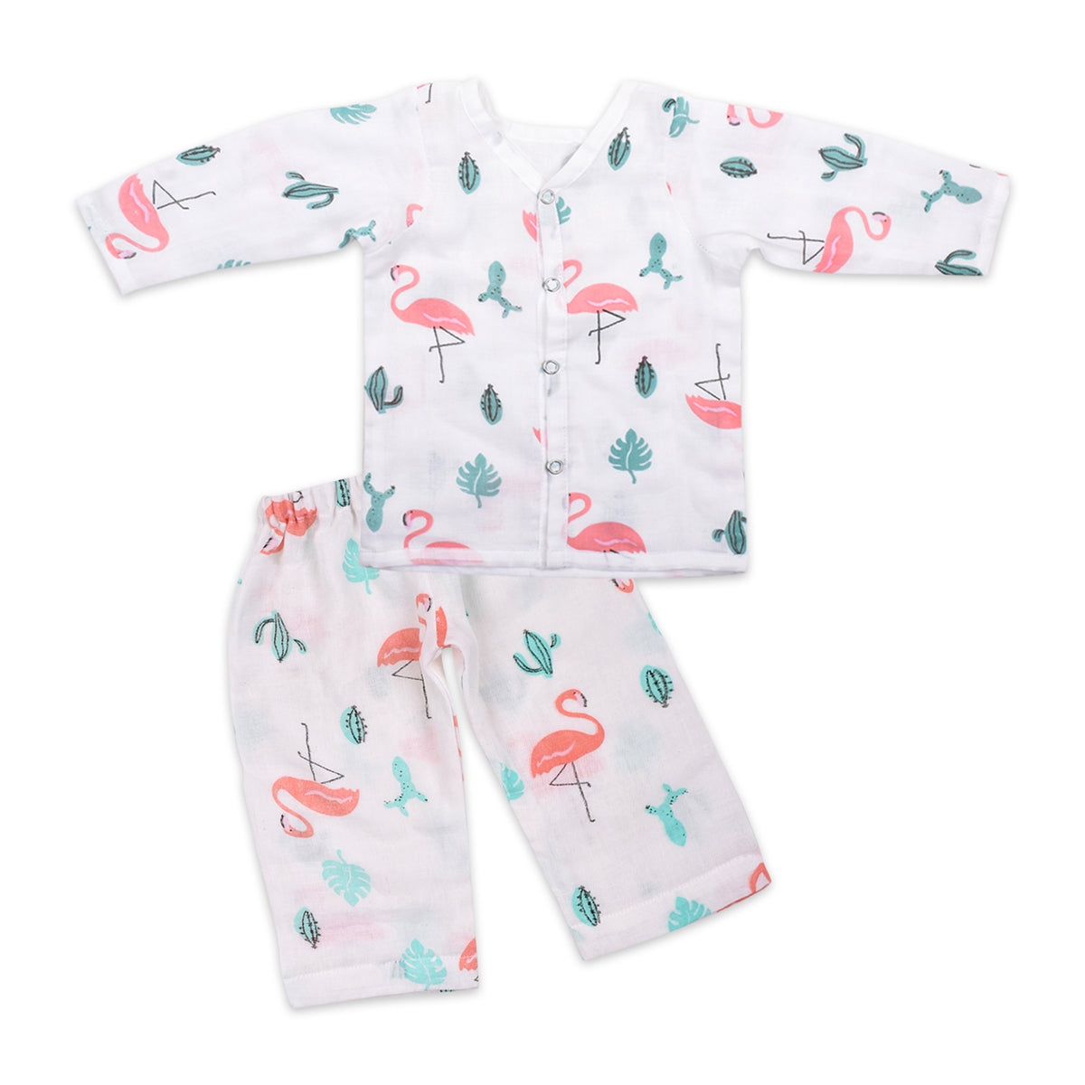 Moms Home Baby Unisex Organic Cotton Muslin Full Sleeves Jhabla & Payjama- Flamingo - Set of 1
