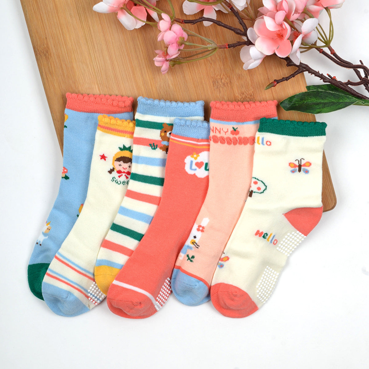 Baby Organic Cotton Antiskid Cute Detailed Socks - Multi Colour - Pack of 6