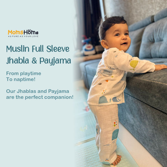 Organic Cotton Muslin Full Sleeves Jhabla & Pyjama For New Born | 0-12 Months | Avocado | Set of 1