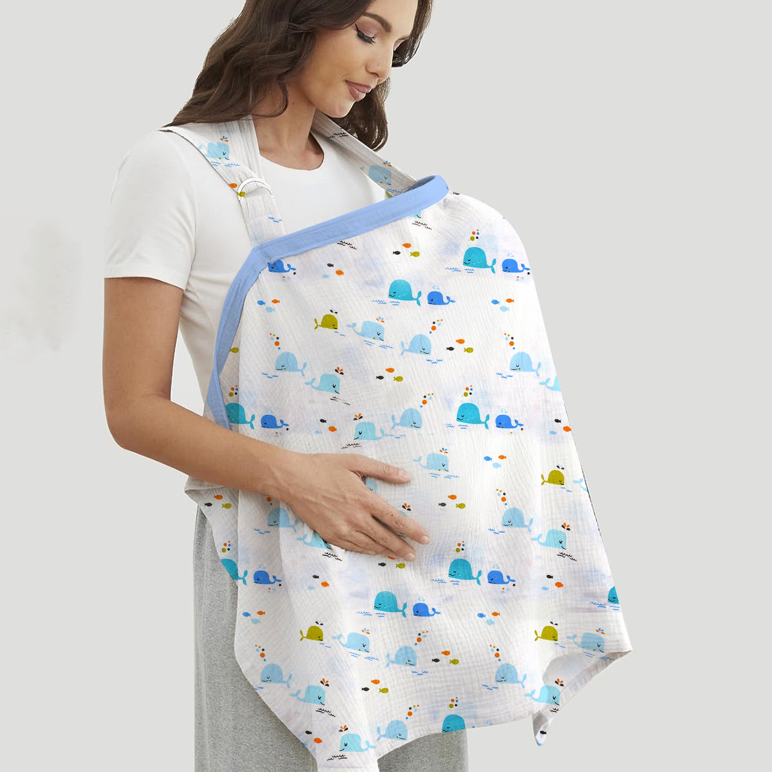 Organic Cotton Muslin Nursing Cover For Breastfeeding Feeding Apron - Blue Whale