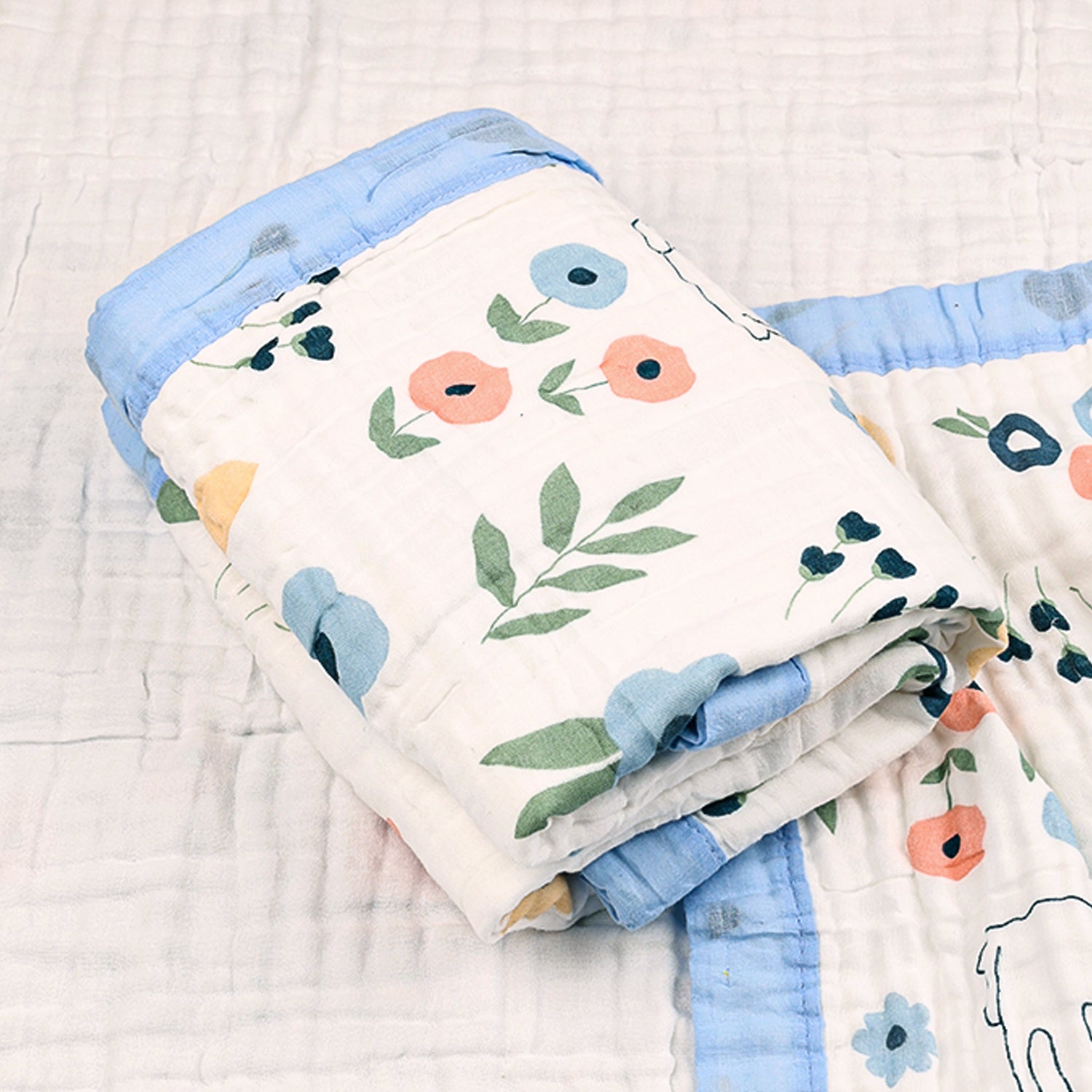 Baby Muslin 6 Layer Muslin blanket Cum Towel- 100X100 CM | 0-3 Years | Blue Flower