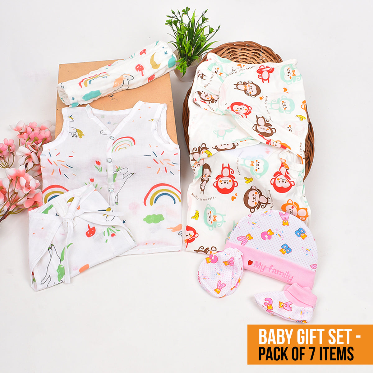 Moms Home New Born Organic Cotton Velcro Swaddle Wrap Gift Set of 7 Items - Unicorn