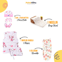 Moms Home New Born Organic Cotton Velcro Swaddle Wrap Gift Set of 7 Items - Pink Giraffe