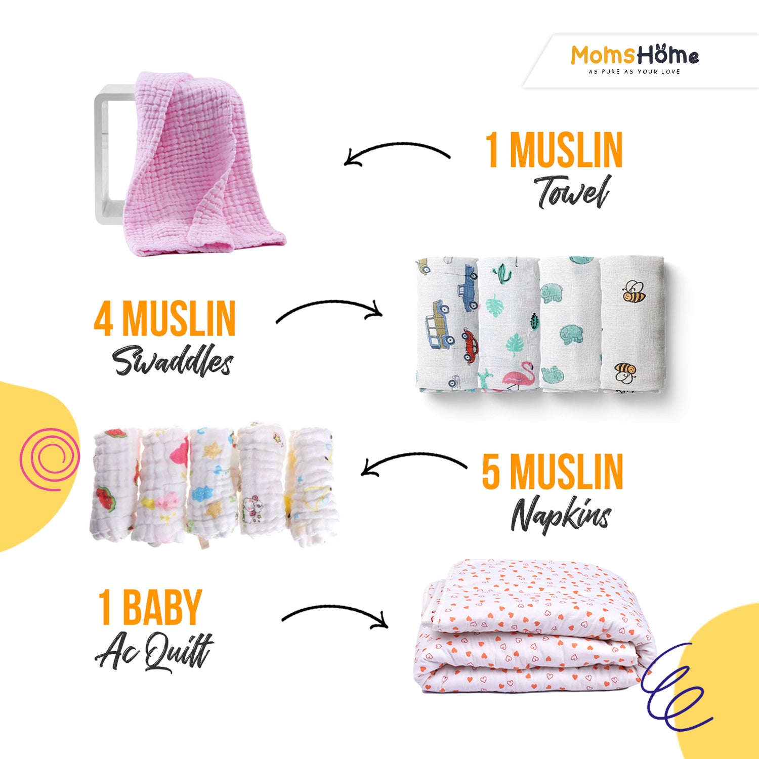 Baby Muslin Essentials Gift Set of 11 Items- Mix Designs