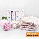 Baby Muslin Essentials Gift Set of 11 Items- Mix Designs