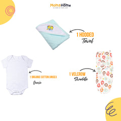 Moms Home New Born Organic Cotton Velcro Swaddle Wrap Gift Set of 3 Items - Blue