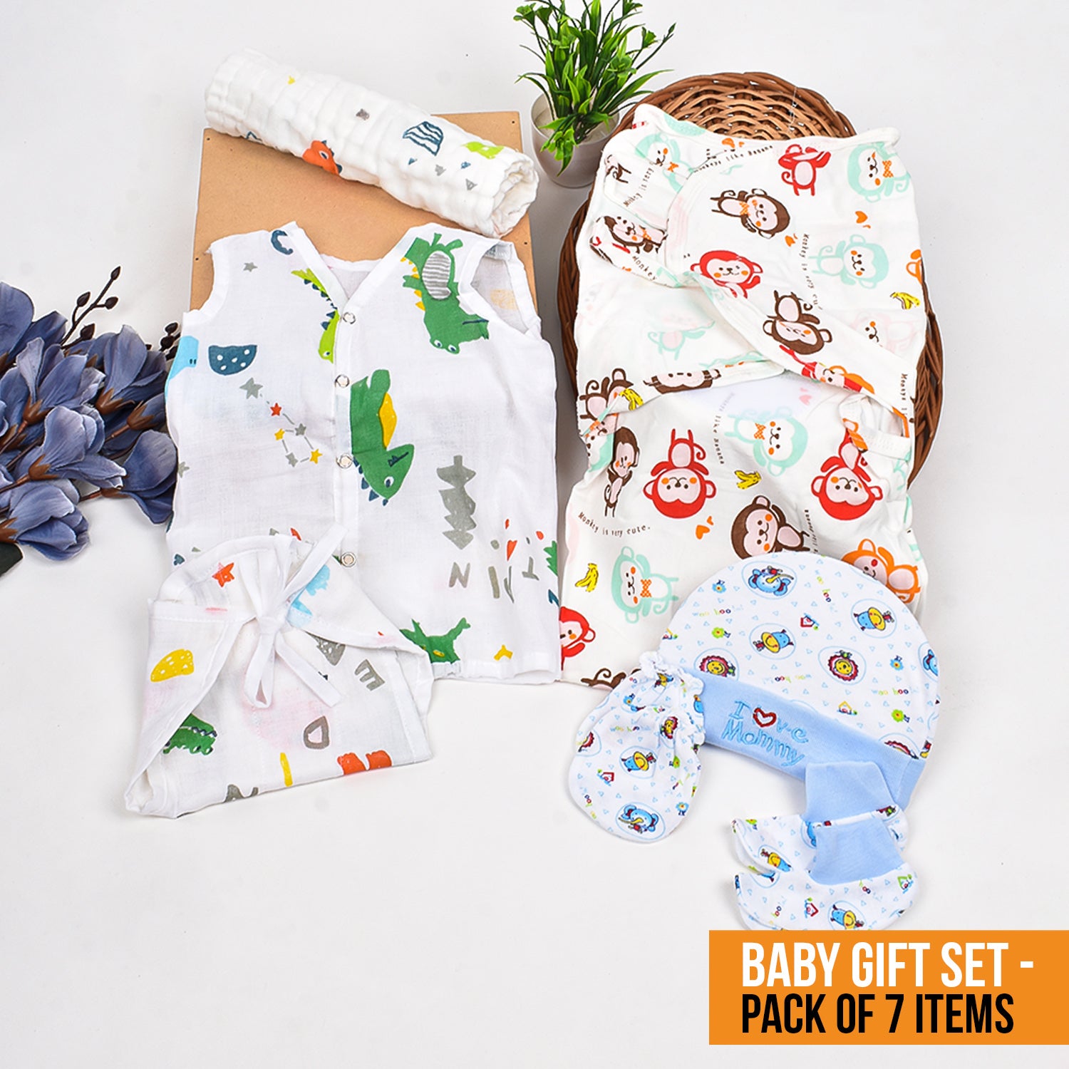 Moms Home New Born Organic Cotton Velcro Swaddle Wrap Gift Set of 7 Items - Dino