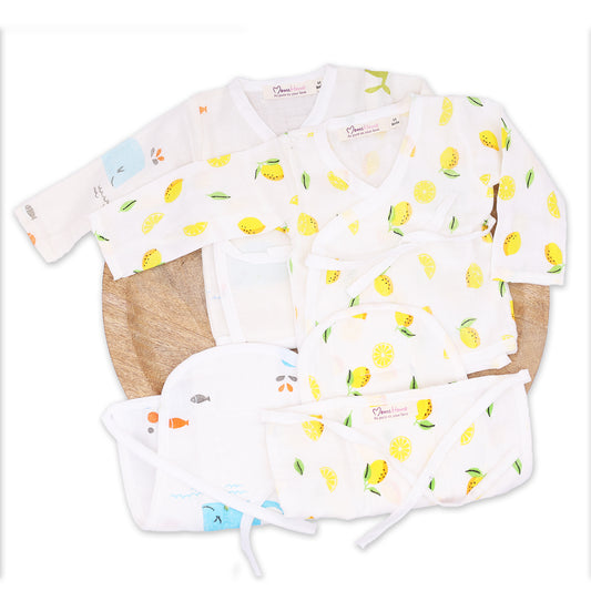 Organic Cotton Muslin Front Open Kimono Jhabla & Nappy For New Born Baby | New Born Baby Clothing | Lemon, Blue Whale | Pack of 4