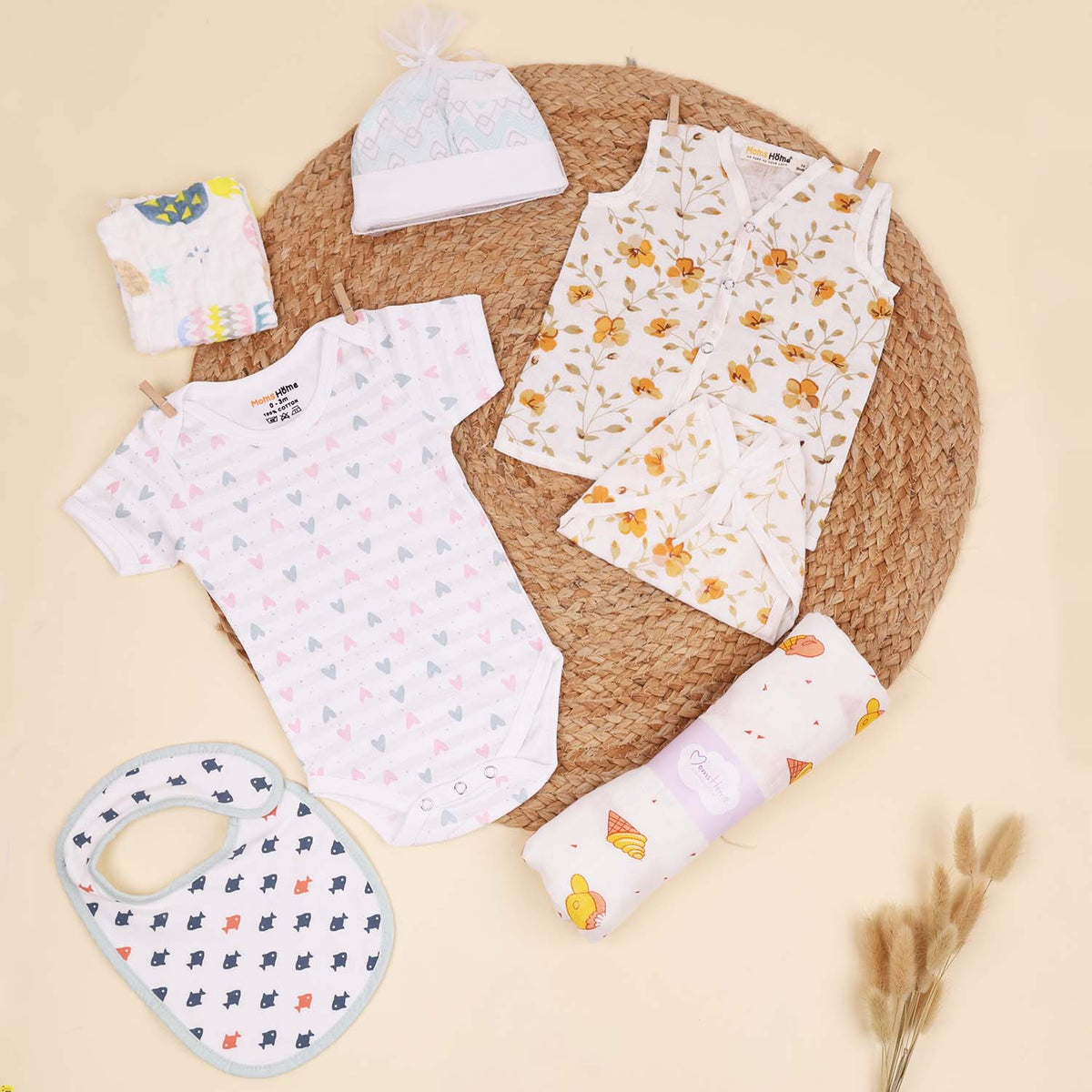 Newborn Baby Unisex Cotton essential Combo - Multicolor - 0-6 Months - 9 Items