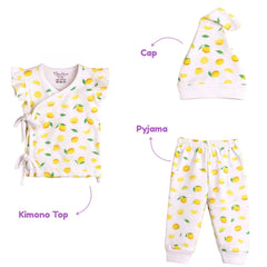 Organic Cotton Newborn Baby Clothing Set | Baby Shower Gift Hamper | Kimono Top, Pyjama & Cap Set | 0-6 Months | Pack of 3