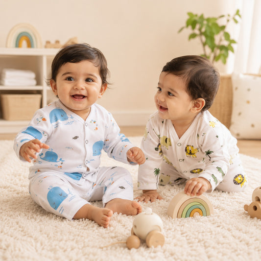 Baby Unisex Organic Cotton Muslin Full Sleeves Jhabla & Payjama | Blue Whale, Lion | Set of 2