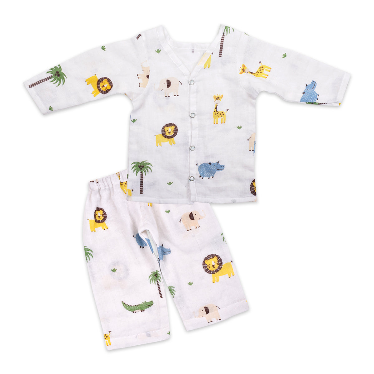 Moms Home Baby Unisex Organic Cotton Muslin Full Sleeves Jhabla & Payjama- Lion - Set of 1
