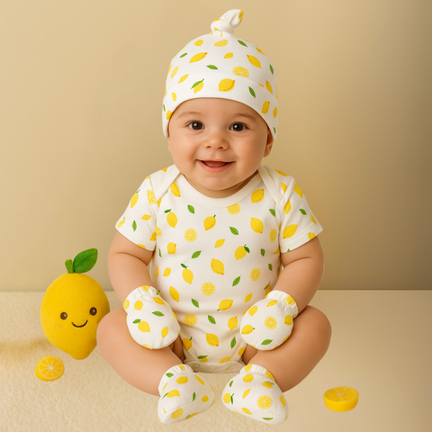 Organic Cotton Baby Essentials Gift Set | Baby Shower Gift Hamper | Baby Clothing Gift Combo | Lemon | Pack of 7