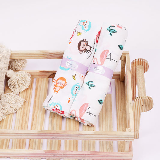 Baby Muslin Swaddle - 100x100 cm- Pack of 2- Flemingo  & Monkey