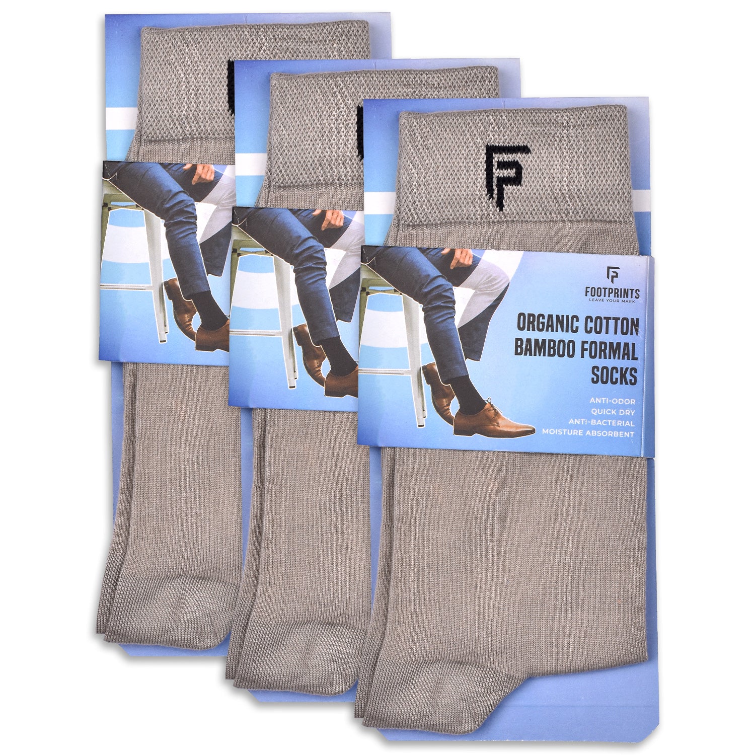 Footprints Men's Formal Organic Cotton & Bamboo Odour free Socks Grey Pack of 3