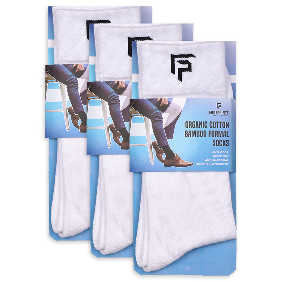 Footprints Men's Formal Organic Cotton & Bamboo Odour free Socks White Pack Of 3