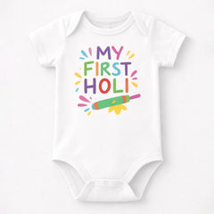 Organic Cotton My First Holi Baby Onesie Dress for Girl & Boy | New Born Onesie | New Born Baby Dress | 0-3 Months