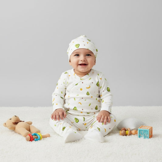 Organic Cotton Newborn Baby Clothing Set | Baby Shower Gift Hamper | Kimono Onesie, Pyjama & Cap Set | 0-6 Months | Pack of 3