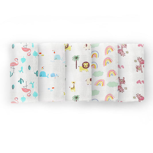 Organic Cotton Baby Muslin Cloth Swaddle | 0-12 Months | 100x100 CM | Flamingo, Blue Whale, Lion, Rainbow, Pink Giraffe | Pack of 5