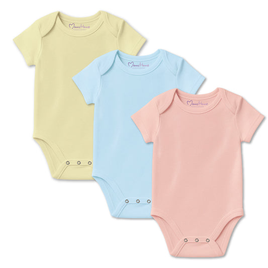Organic Cotton New Born Baby Onesie | Blue, Yellow, Peach | Pack of 3
