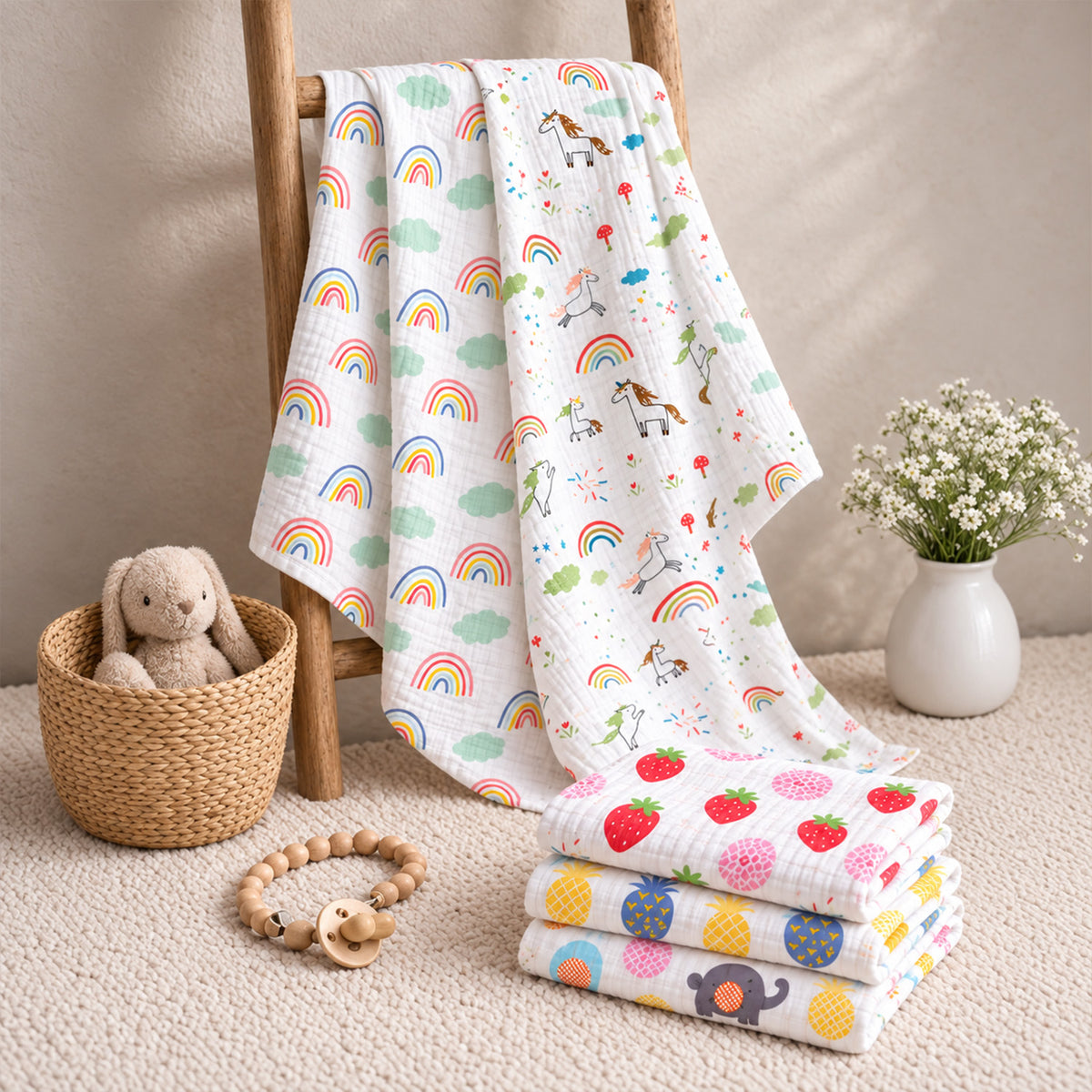 Muslin Swaddle and Napkin Combo | Muslin Gift Combo |  0-12 Months | Pack of 5
