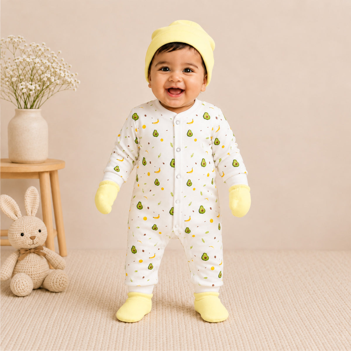 Organic Cotton Newborn Baby Full Body Romper With Cap, Mitten & Bootie Set | Newborn Baby Clothing | 0-6 Months