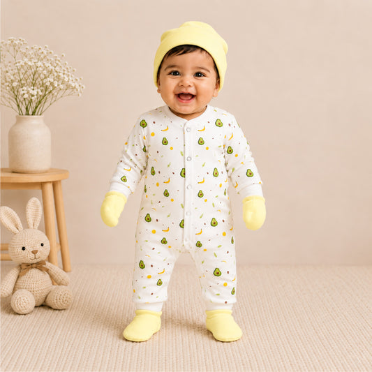 Organic Cotton Newborn Baby Full Body Romper With Cap, Mitten & Bootie Set | Newborn Baby Clothing | 0-6 Months