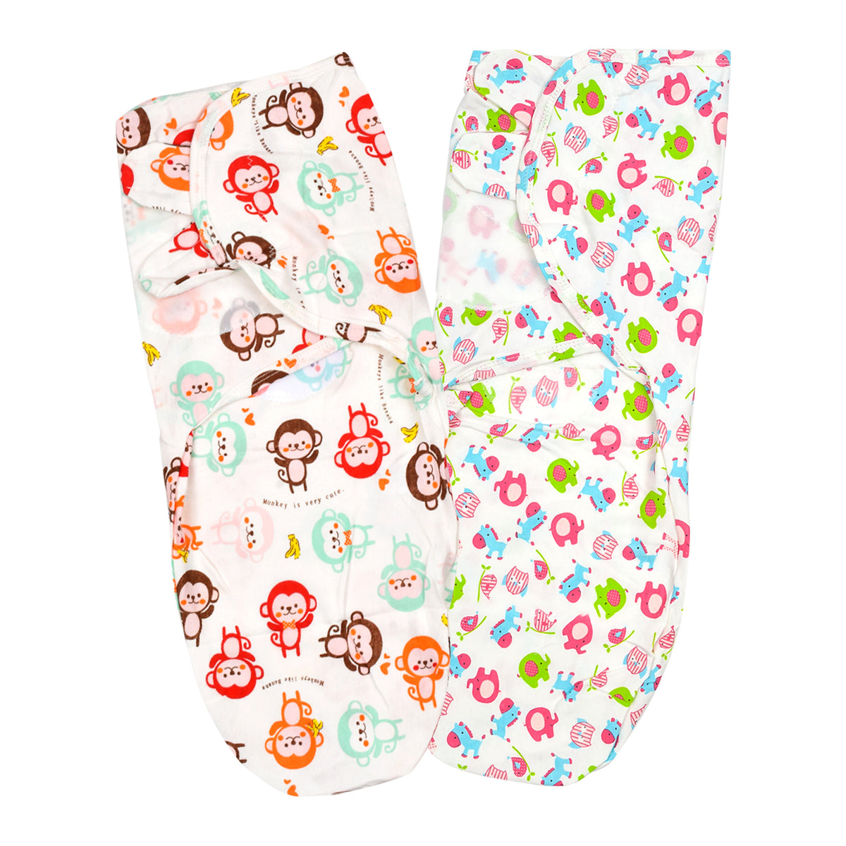 Baby Swaddle Adjustable Infant wrap- 0-3 Months -Pack of 2 -Monkey-Elephant