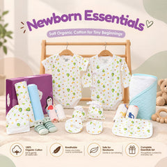 Mom's Home newborn essentials gift set in avocado print featuring organic cotton baby clothing and accessories