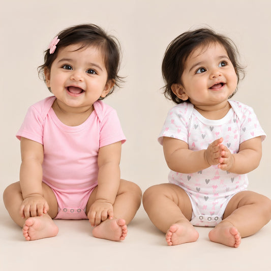 Organic Cotton Baby Half Sleeve Onesie | Little Hearts & Pink  | Pack of 2