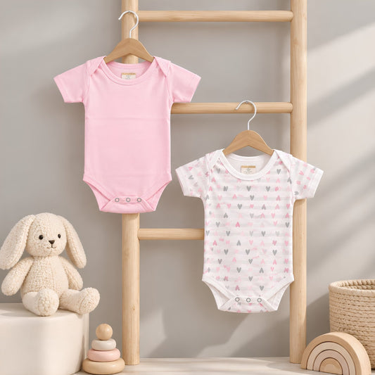 Organic Cotton Baby Half Sleeve Onesie | Little Hearts & Pink  | Pack of 2