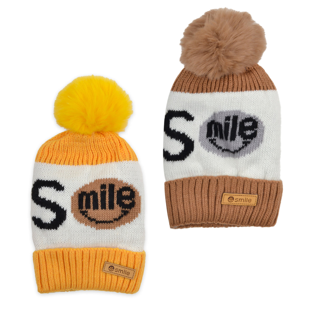 Baby Unisex Woolen Caps | Yellow & Brown | Smile | Pack Of 2