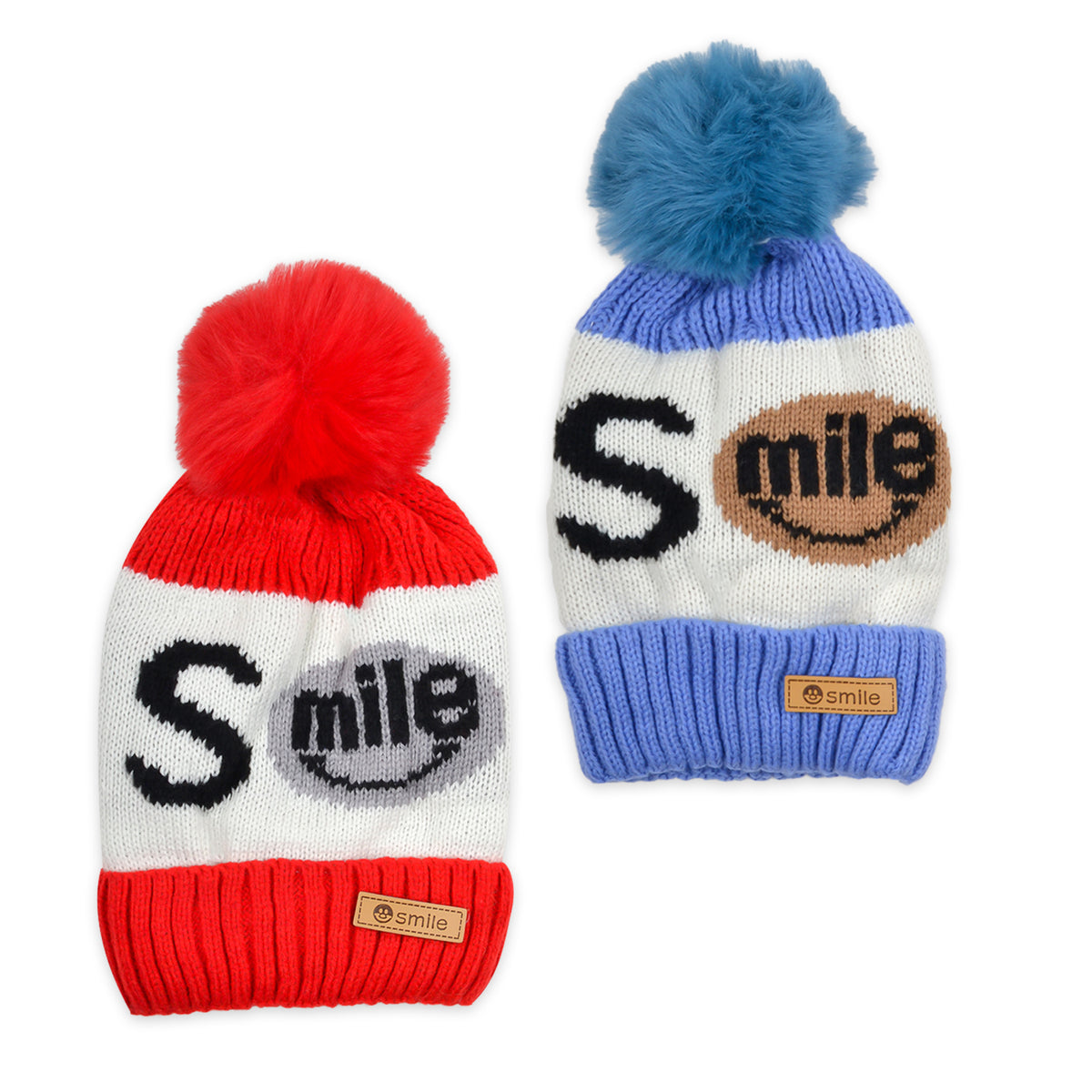 Baby Unisex Woolen Caps | Red & Blue | Smile | Pack Of 2