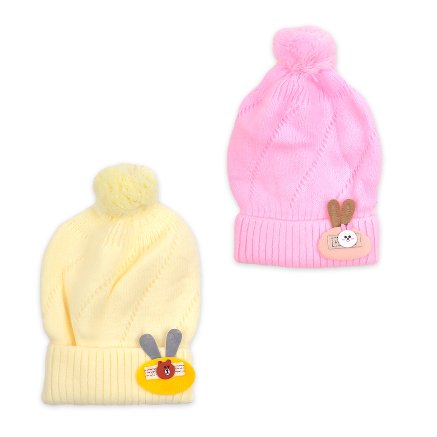 Baby Unisex Woolen Caps | Cream & Baby Pink | Bear| Pack Of 2