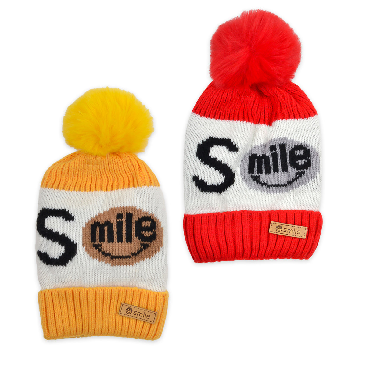 Baby Unisex Woolen Caps | Yellow & Red | Smile | Pack Of 2