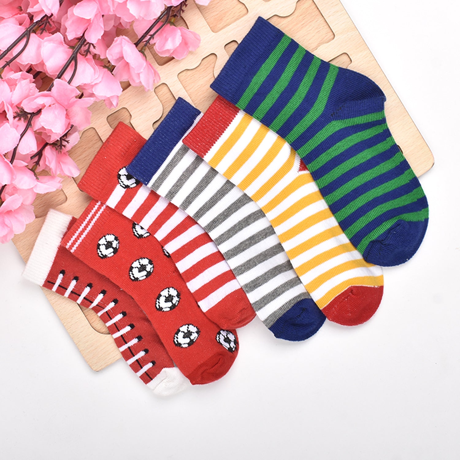 Footprints Super Soft Organic Cotton Kids  Socks | Red Baseball & Colorfull Stripes |12-24 Months| Pack of 6