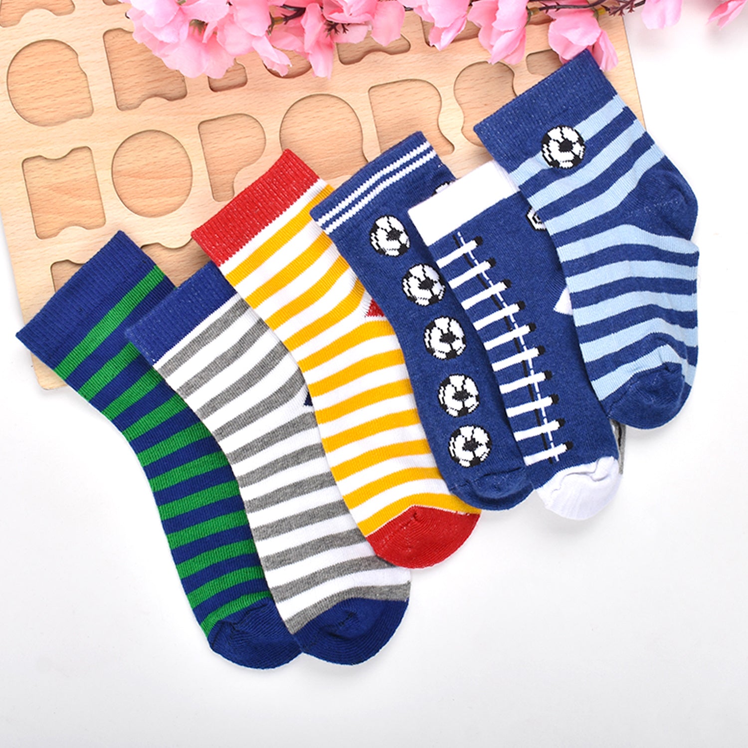 Footprints Super Soft Organic Cotton Kids Socks-Blue Baseball & Stripes |12-24 Months | Pack of 6