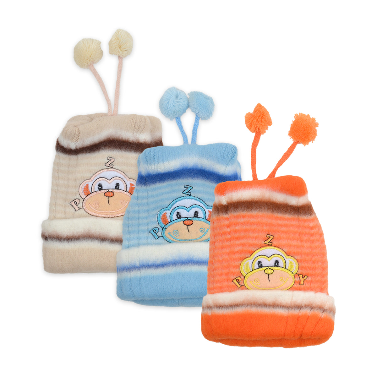 Baby Unisex Woolen Caps | Monkey |Multicolor | Pack Of 3